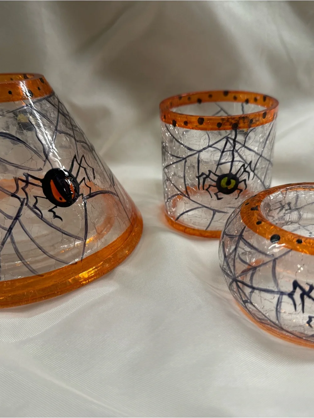 Hand-Painted Halloween Glass Votive Trio - Orange & Black Spider Webs